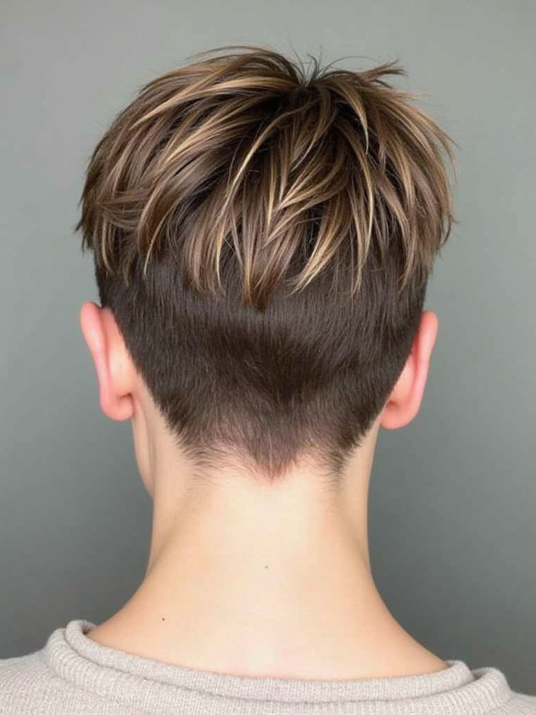 Stacked Pixie Haircut Back View: With Decorative Pins