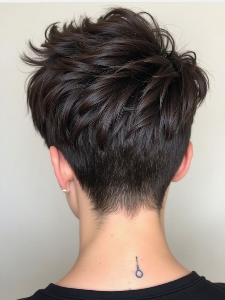 Stacked Pixie Haircut Back View: Side Swept Bangs