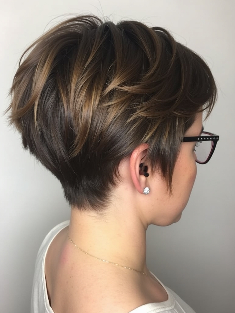 Stacked Pixie Haircut Back View: Angled Layers