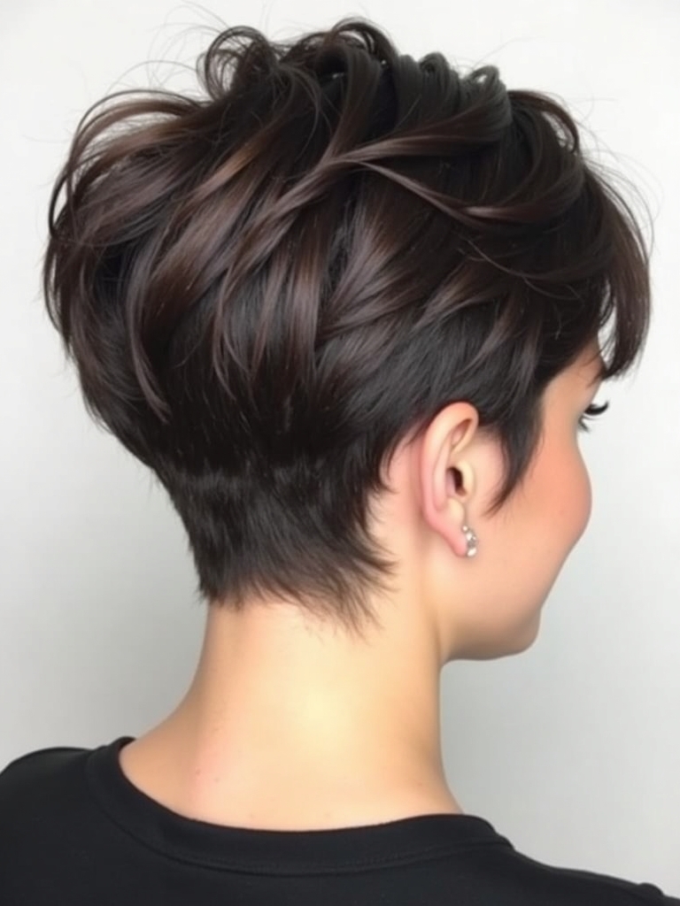 Stacked Pixie Haircut Back View: Deep Side Part