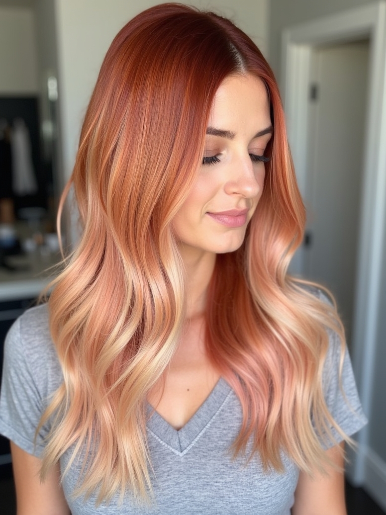 39 Copper Peach Hair Color Ideas: Copper Peach with Dark Lowlights