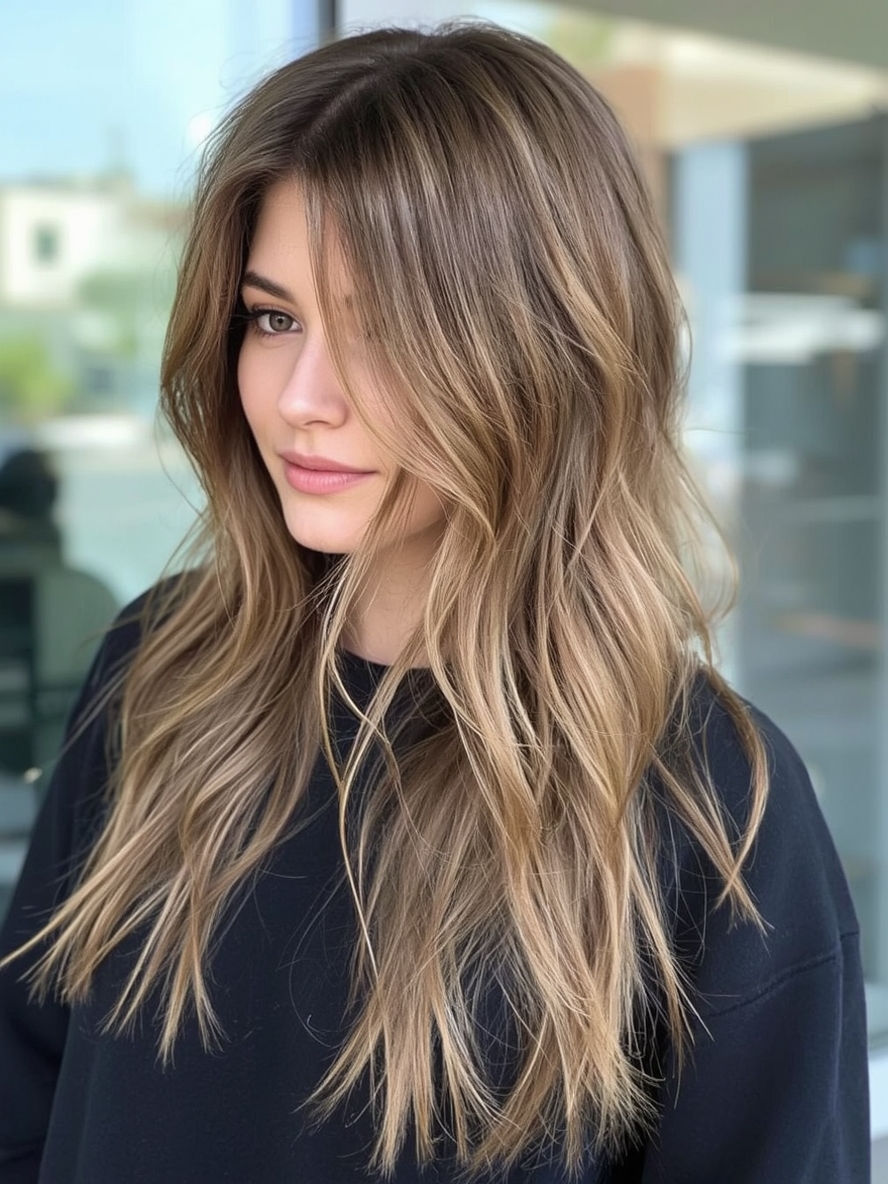 Honey Brown Balayage with Curtain Bangs