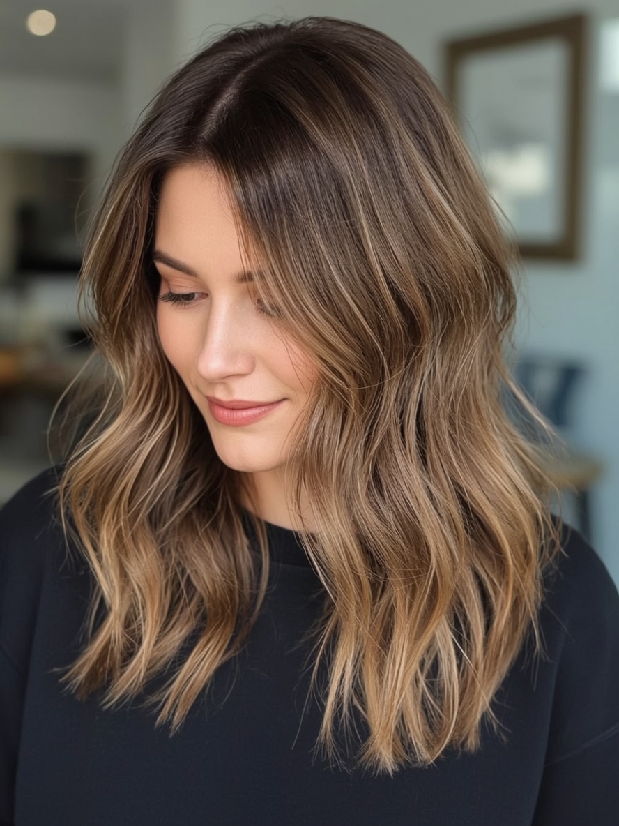 Honey Brown Balayage with Face-Framing Highlights